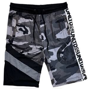 Ecko Unltd Men's Camo Panel Stitched Activewear Shorts in Street Black Camo